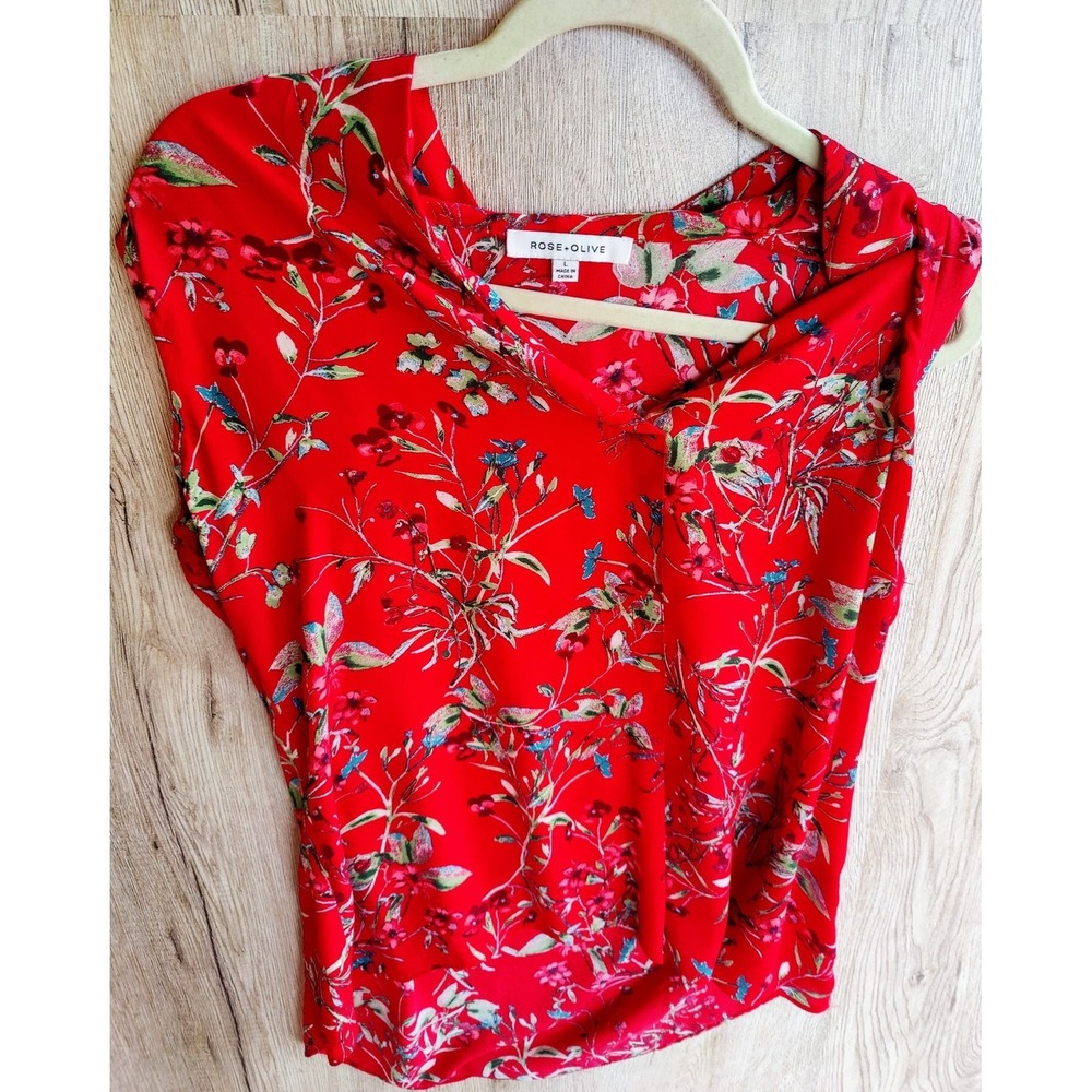 Rose Olive Blouse Womens Red Floral V Neck Cap Sleeve Pullover Crossover Top
